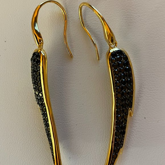 B Italy Vintage Gold Tone Elongated Teardrops with Black CZs - Picture 2 of 8